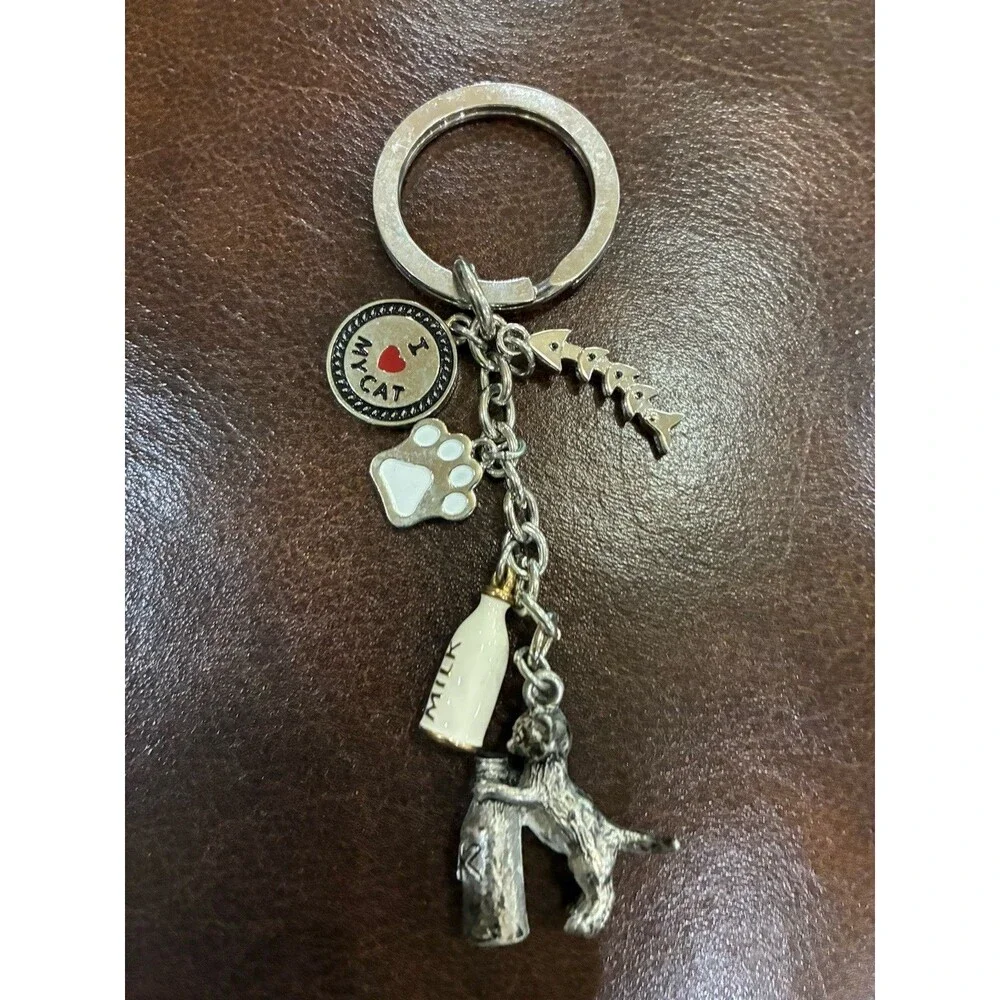 I Love My Cat Charm Keychain Metal Kitty, Milk, Bowl, Fishbone Charms Keyring
